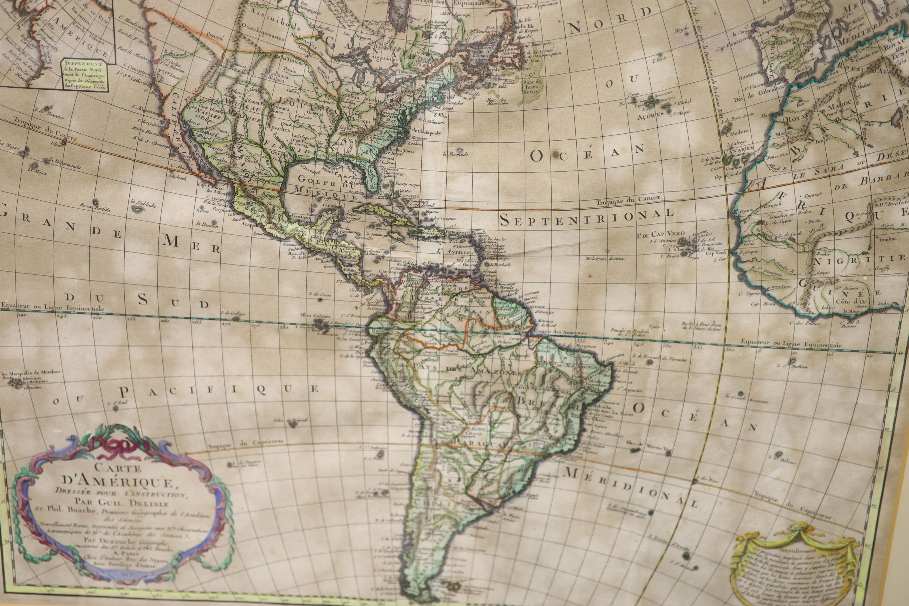 Guillaume Delisle, coloured engraving, Carte d'Amerique, Dressee pour l'Instruction, par Guil, 50 x 62cm